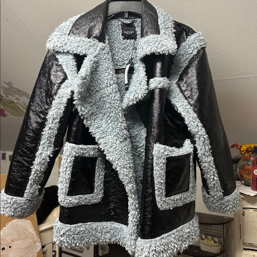 Nasty Gal Black and Gray Faux Shearling Jacket
